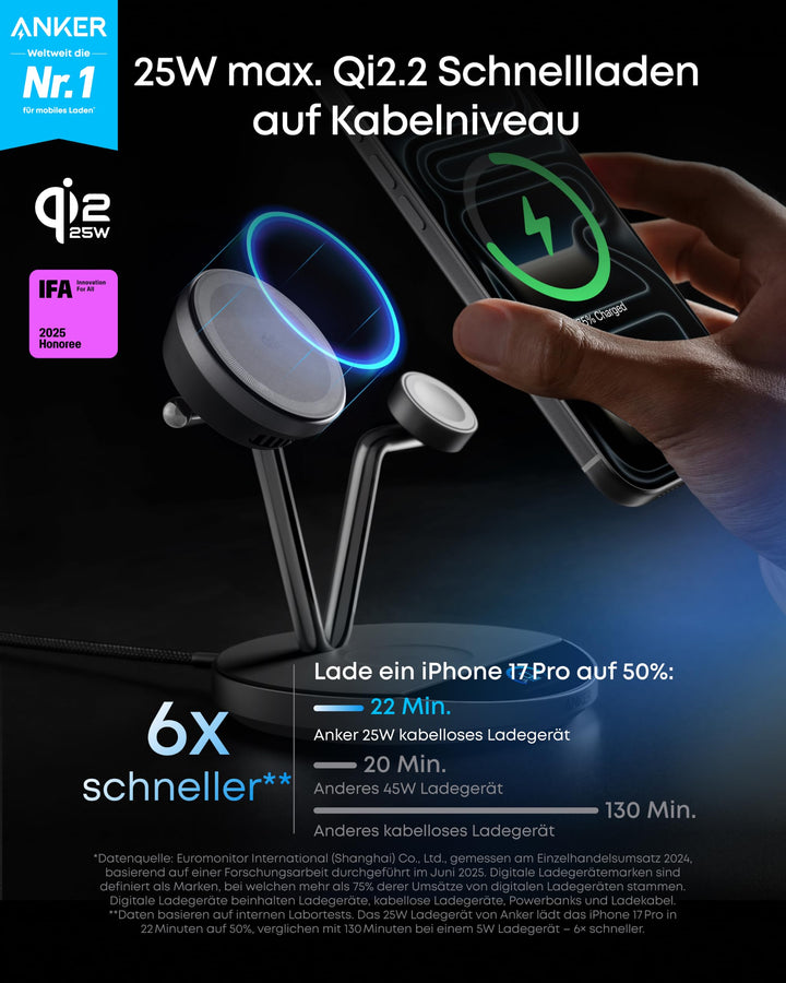 3-in-1 Ladestation Qi2 25W mit Display &amp; TEC-Aktivkühlung Schwarz - Bild 2
