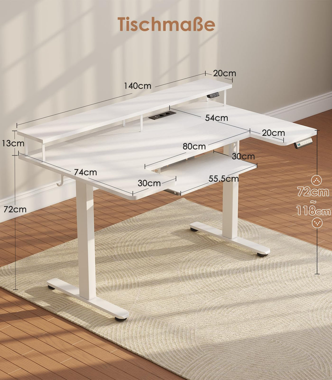 Schreibtisch elektrisch höhenverstellbar 140x74 cm mit Monitorständer