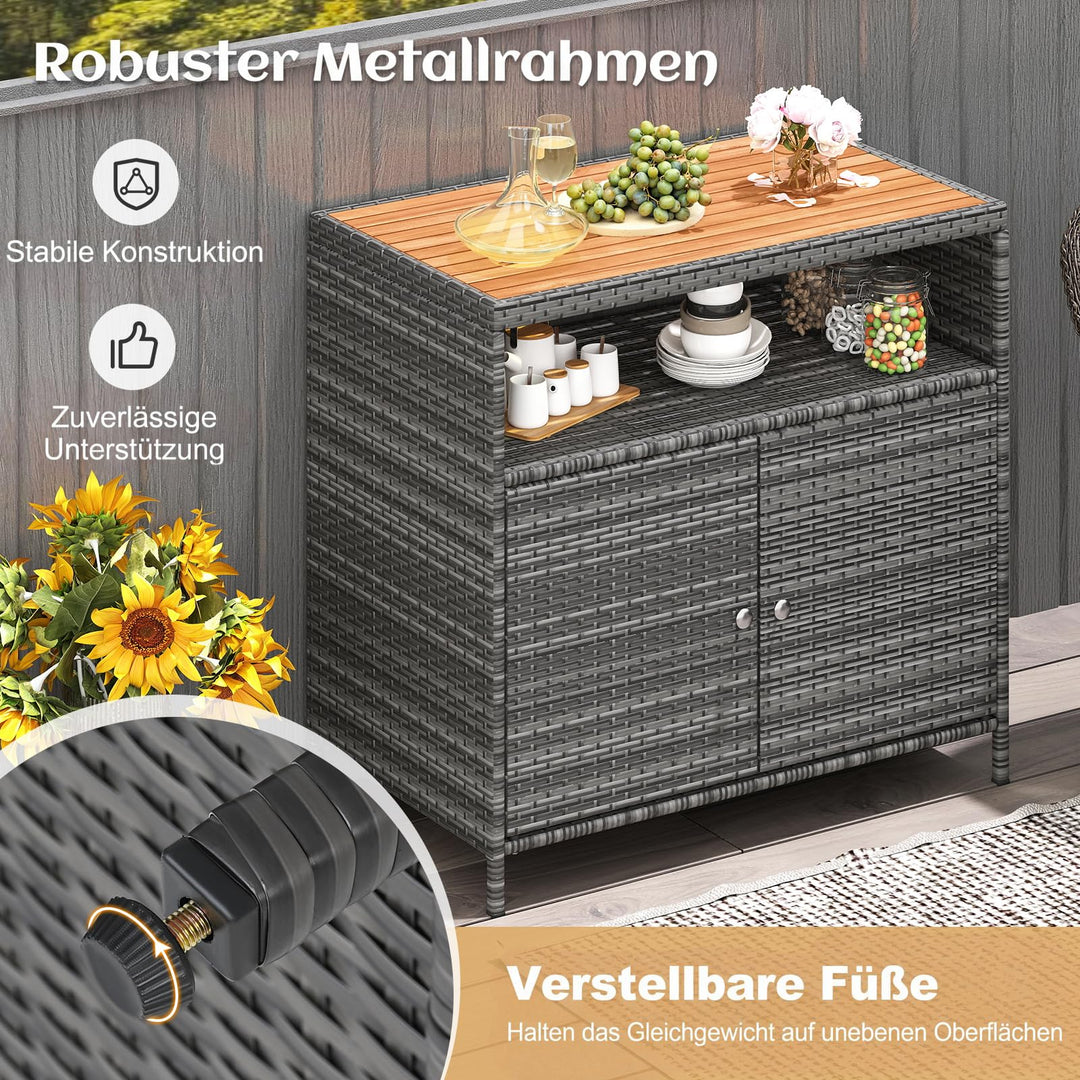Gartenschrank Rattan mit Akazienholz-Arbeitsplatte 2-türig grau - Bild 2