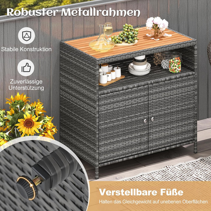 Gartenschrank Rattan mit Akazienholz-Arbeitsplatte 2-türig grau - Bild 2