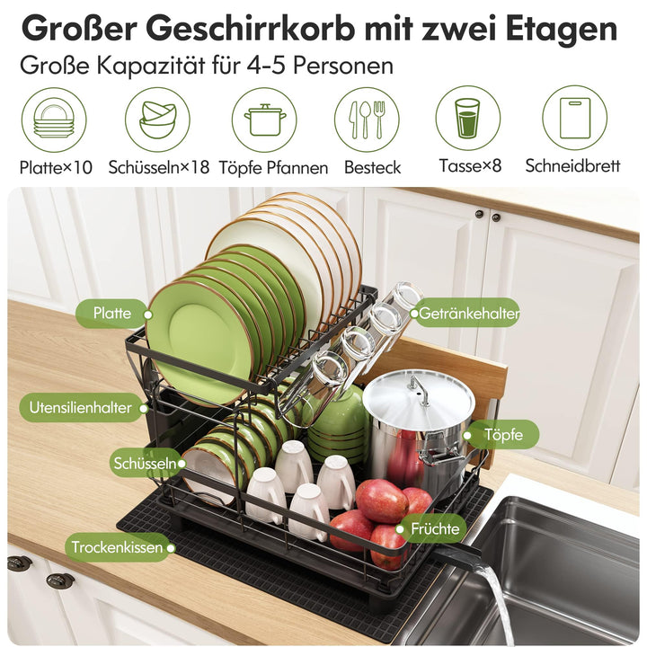 Geschirrabtropfgestell Edelstahl 2-stöckig mit Ablaufrohr Schwarz - Bild 4