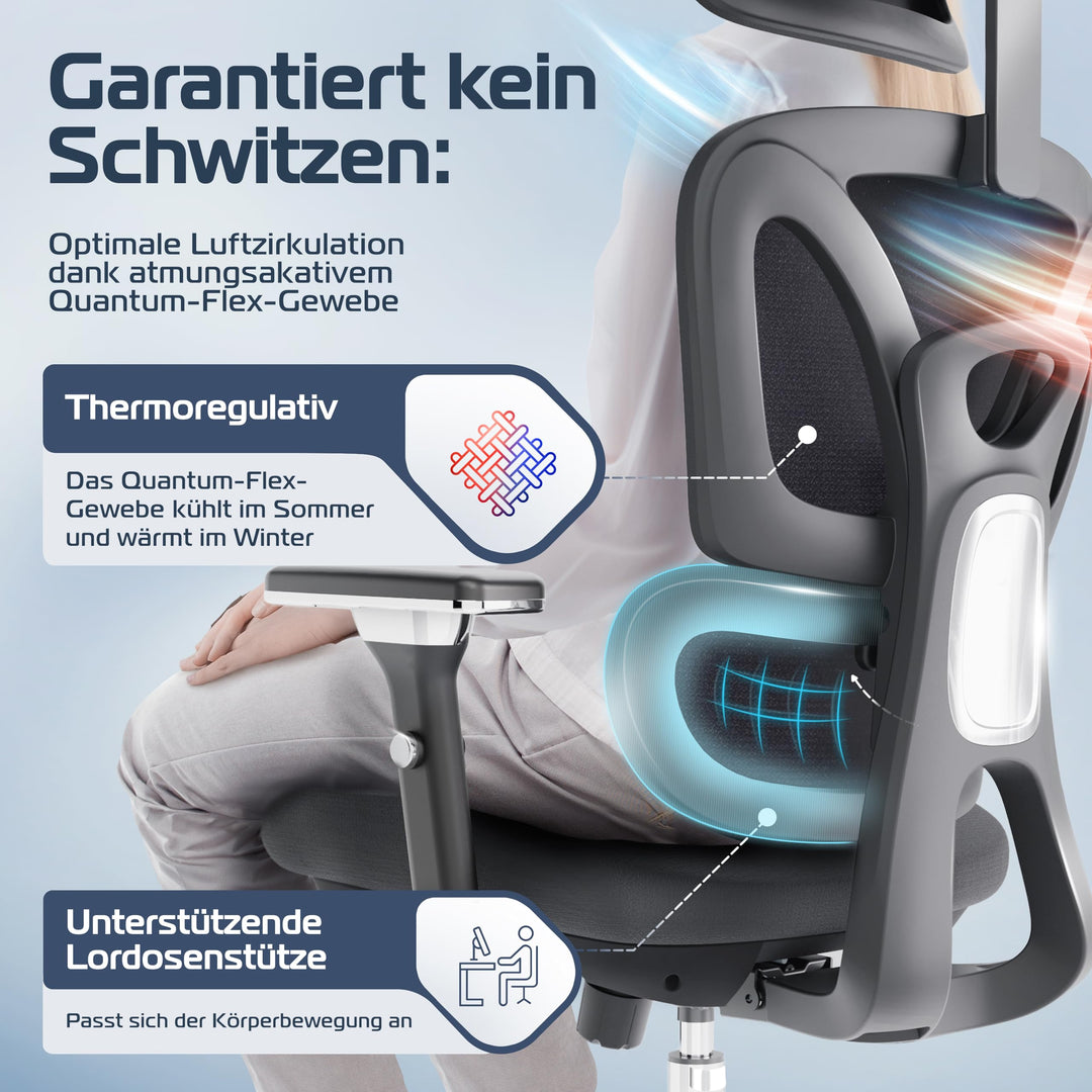 Bürostuhl Ergonomisch Mesh 4D-Armlehnen Lendenwirbelstütze 150kg - Bild 5
