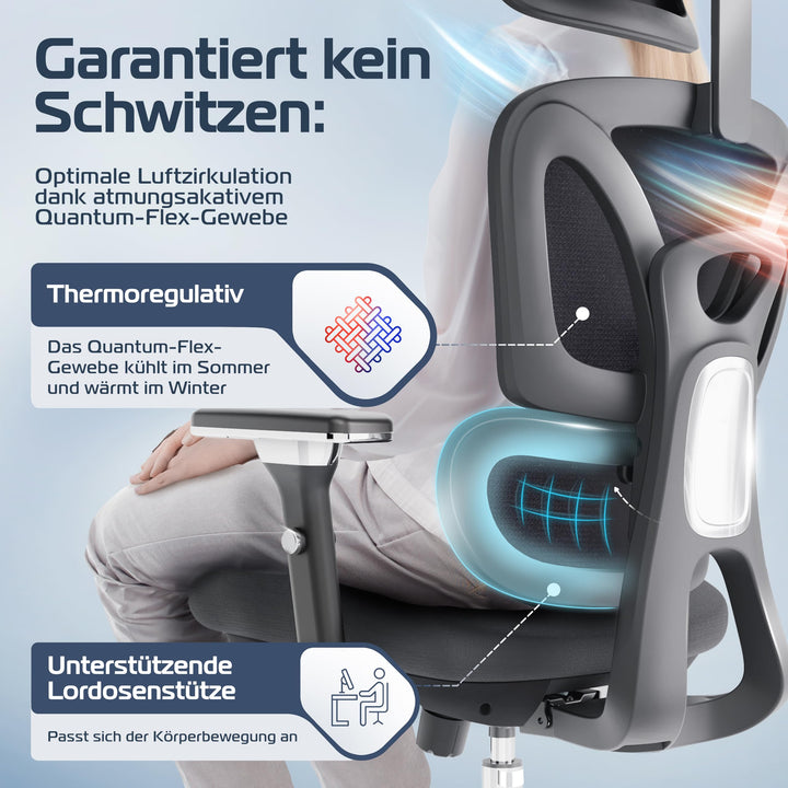 Bürostuhl Ergonomisch Mesh 4D-Armlehnen Lendenwirbelstütze 150kg - Bild 5