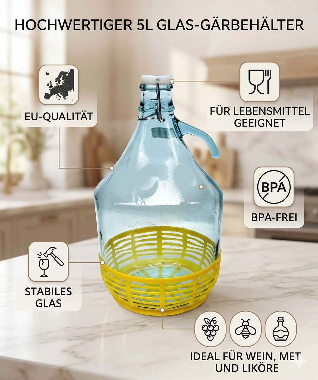 Gärballon 5L Glas mit Bügelverschluss und Kunststoffkorb 6er-Set - Bild 2