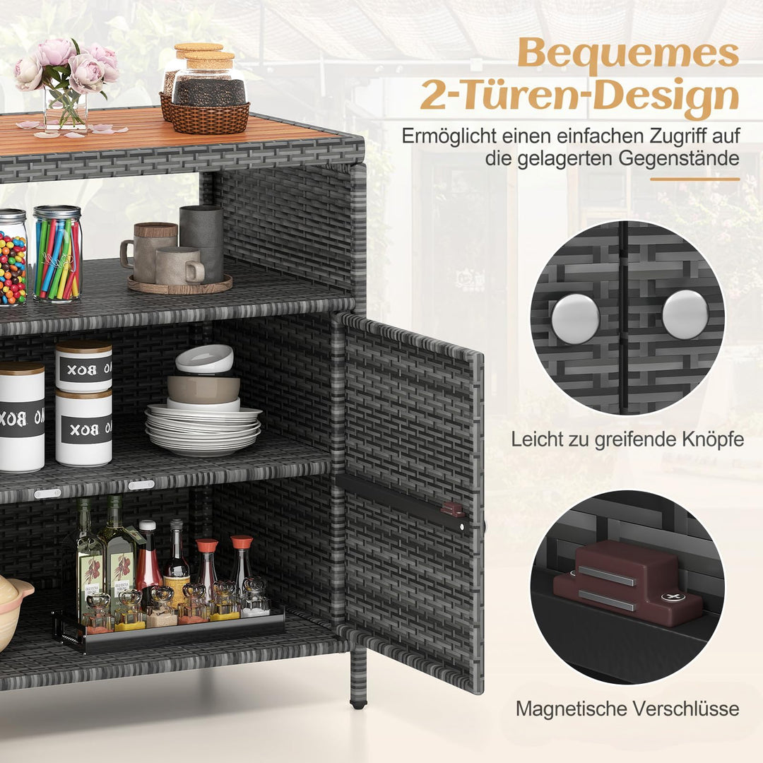 Gartenschrank Rattan mit Akazienholz-Arbeitsplatte 2-türig grau - Bild 5