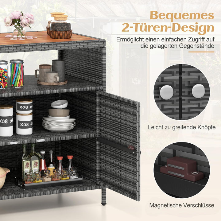Gartenschrank Rattan mit Akazienholz-Arbeitsplatte 2-türig grau - Bild 5