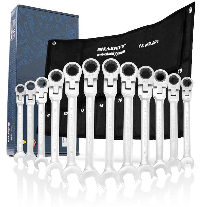 Gelenk-Ratschenschlüssel Set 12-tlg. 8–19 mm Chrom-Vanadium-Stahl