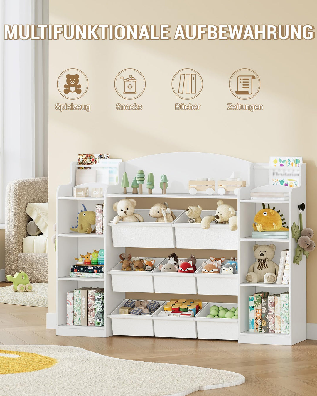 Kinderzimmerregal 9 Fächer 8 Boxen mit Haken 30x140x104 cm Weiss - Bild 4
