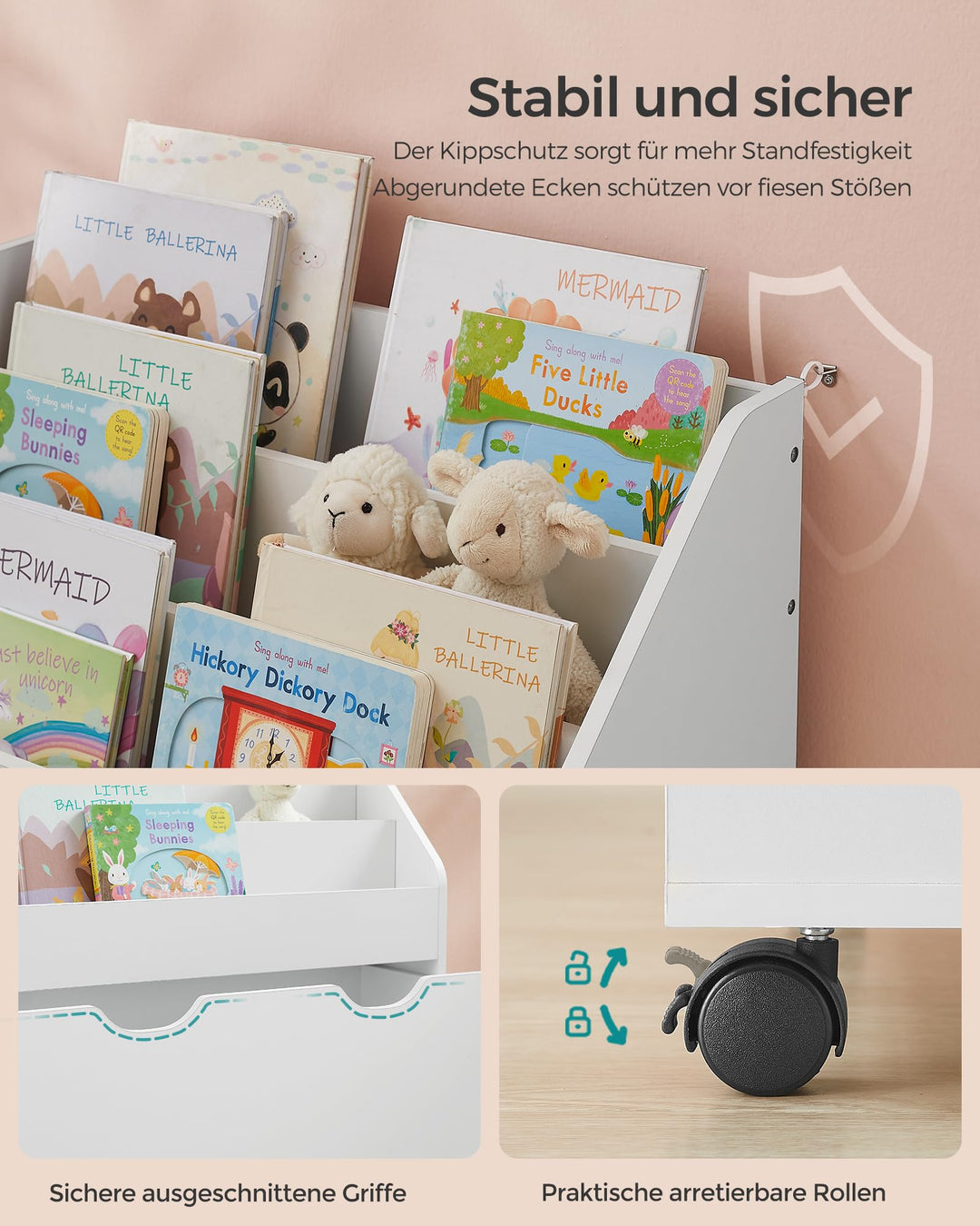 Kinderregal mit 3 Ebenen und Rollbox für Bücher und Spielzeug - Bild 6