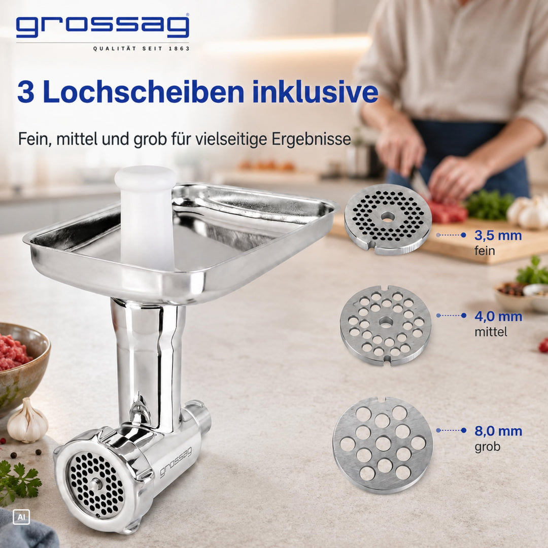 Fleischwolf Aufsatz Edelstahl für KitchenAid mit 3 Lochscheiben - Bild 4