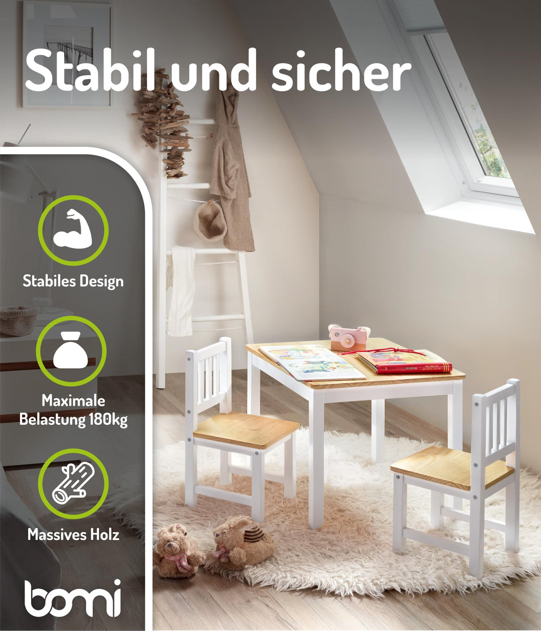 Kindersitzgruppe Holz mit Tisch und 2 Stühlen Weiss Natur ab 1 Jahr - Bild 4