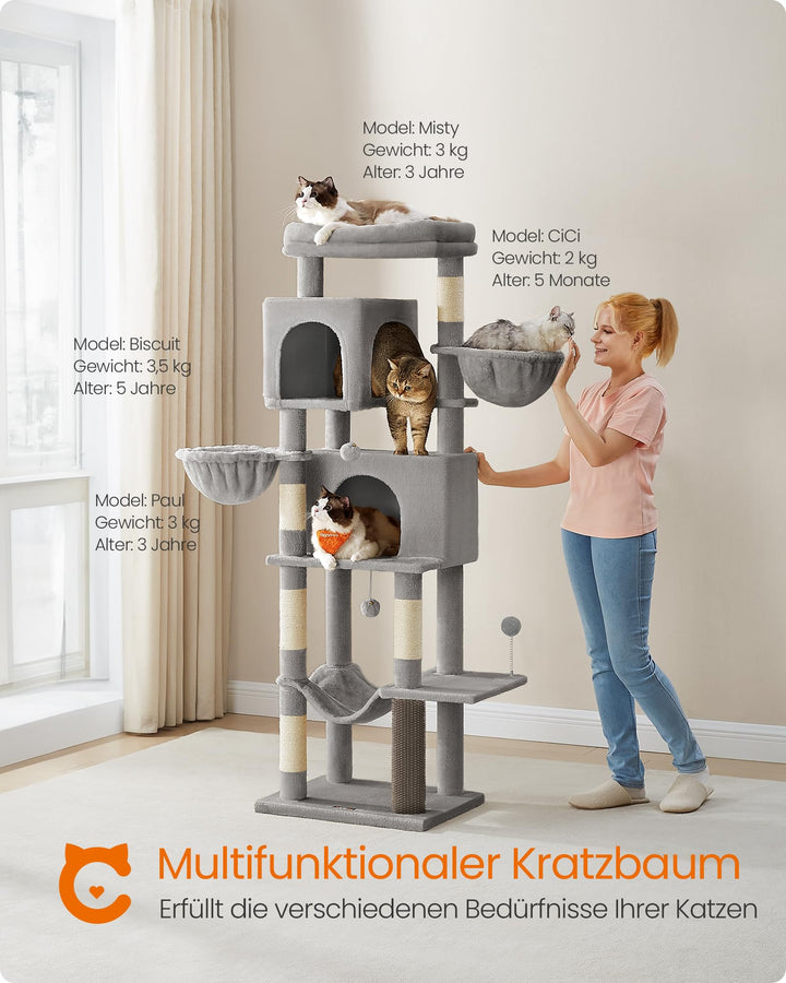 Kratzbaum XXL 175 cm mit 2 Höhlen, Hängematte &amp; Liegemulden - Bild 3