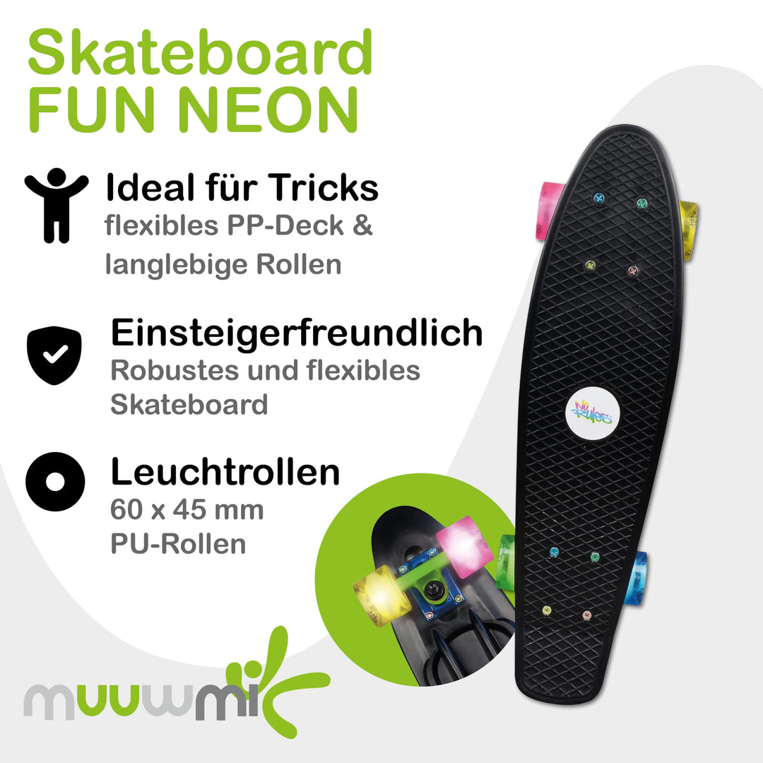 Skateboard mit LED-Leuchtrollen 57x15cm bis 100kg Neon Schwarz - Bild 2