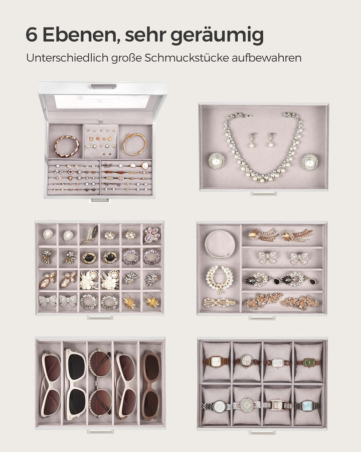 Schmuckkästchen 6 Ebenen mit Spiegel und Uhrenfach, Weiss - Bild 3