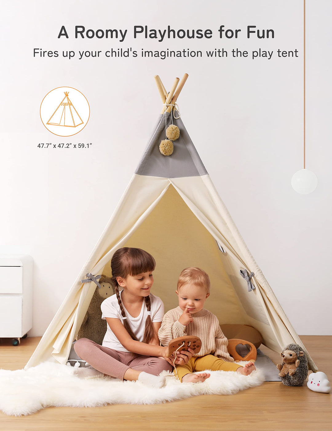 Tipi Zelt Kinder Baumwolle mit Matte und Lichterkette 120x120x155 cm - Bild 4