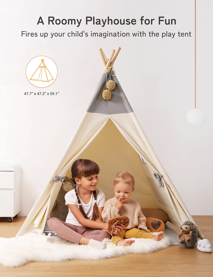 Tipi Zelt Kinder Baumwolle mit Matte und Lichterkette 120x120x155 cm - Bild 4