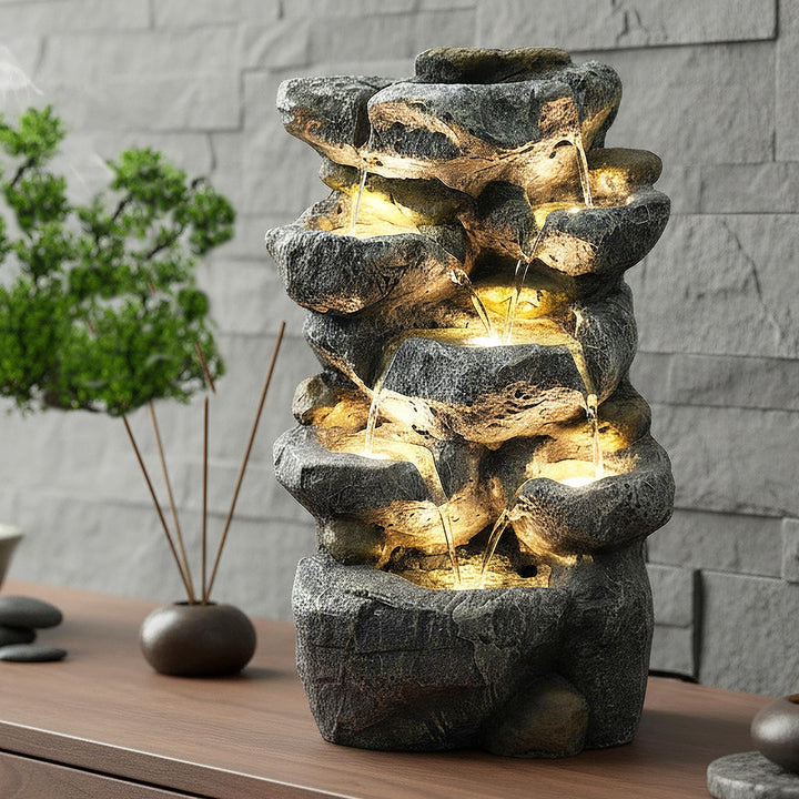 Zimmerbrunnen Stein-Optik mit LED Beleuchtung Indoor Outdoor 48 cm