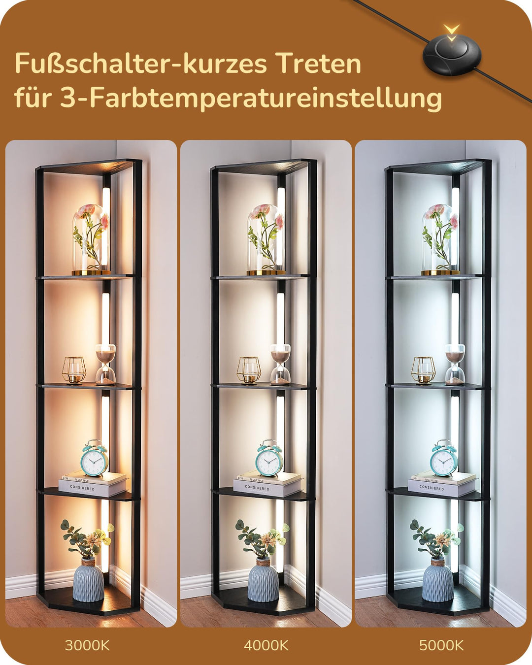 Stehlampe mit Regal LED dimmbar 3-in-1 Schwarz Holzmaserung - Bild 2
