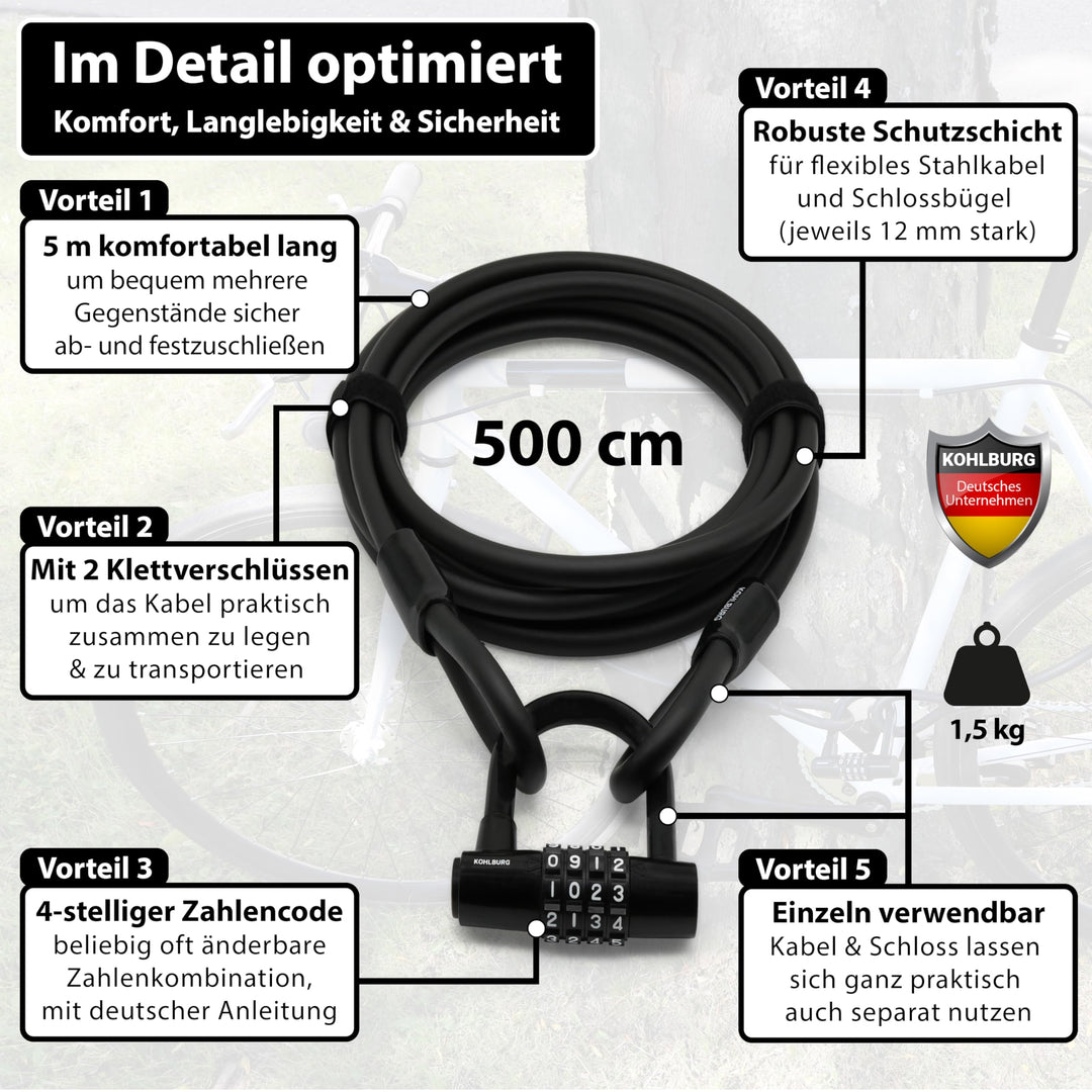 Kabelschloss 5m mit Zahlenkombination für Fahrrad &amp; Roller - Bild 3