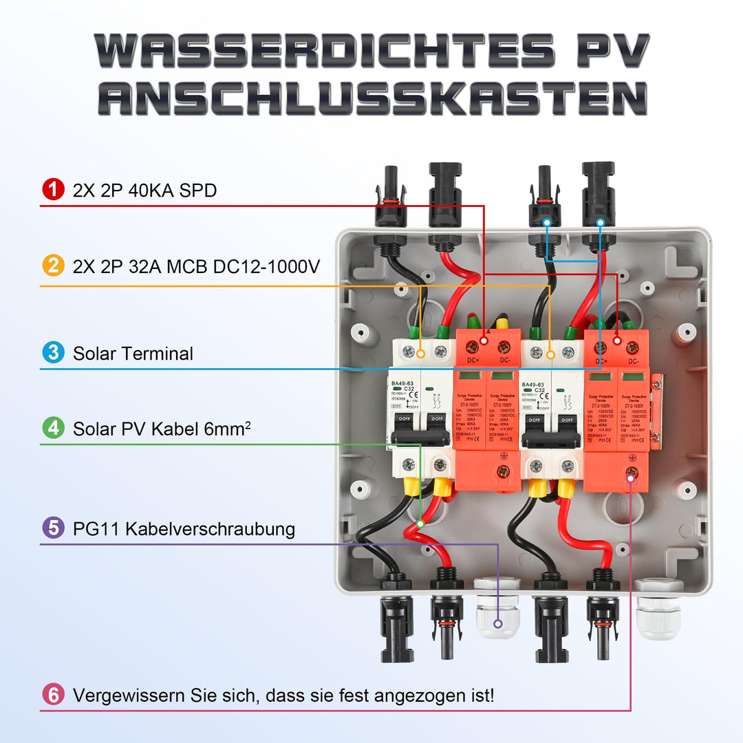 Solar Anschlusskasten 2 String DC 1000V Überspannungsschutz IP65 32A - Bild 2