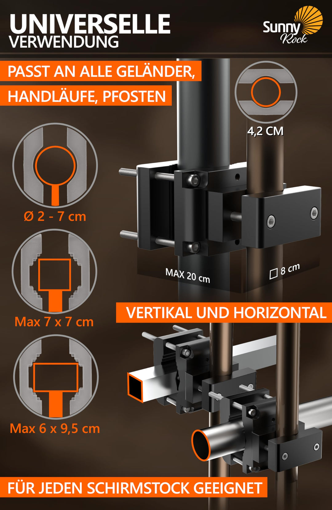 Sonnenschirmhalter Balkongeländer Aluminium universell klemmbar - Bild 4
