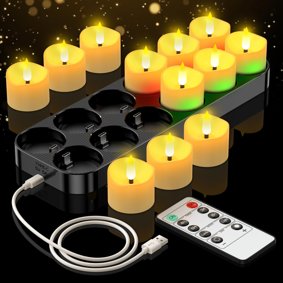 LED Teelichter wiederaufladbar 12er-Set mit Fernbedienung &amp; Timer