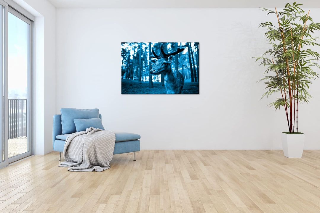 Leinwandbild Hirsch Monochrom Blau auf Echtholzrahmen 80x60 cm - Bild 4