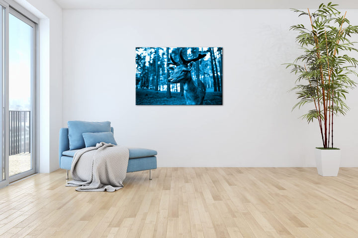 Leinwandbild Hirsch Monochrom Blau auf Echtholzrahmen 80x60 cm - Bild 4
