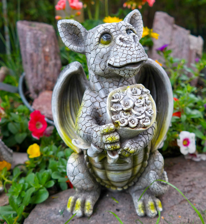 Gartenfigur Drache mit Blumenstrauss Polyresin Steinoptik 25 cm - Bild 4