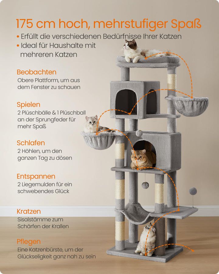 Kratzbaum XXL 175 cm mit 2 Höhlen, Hängematte &amp; Liegemulden - Bild 4