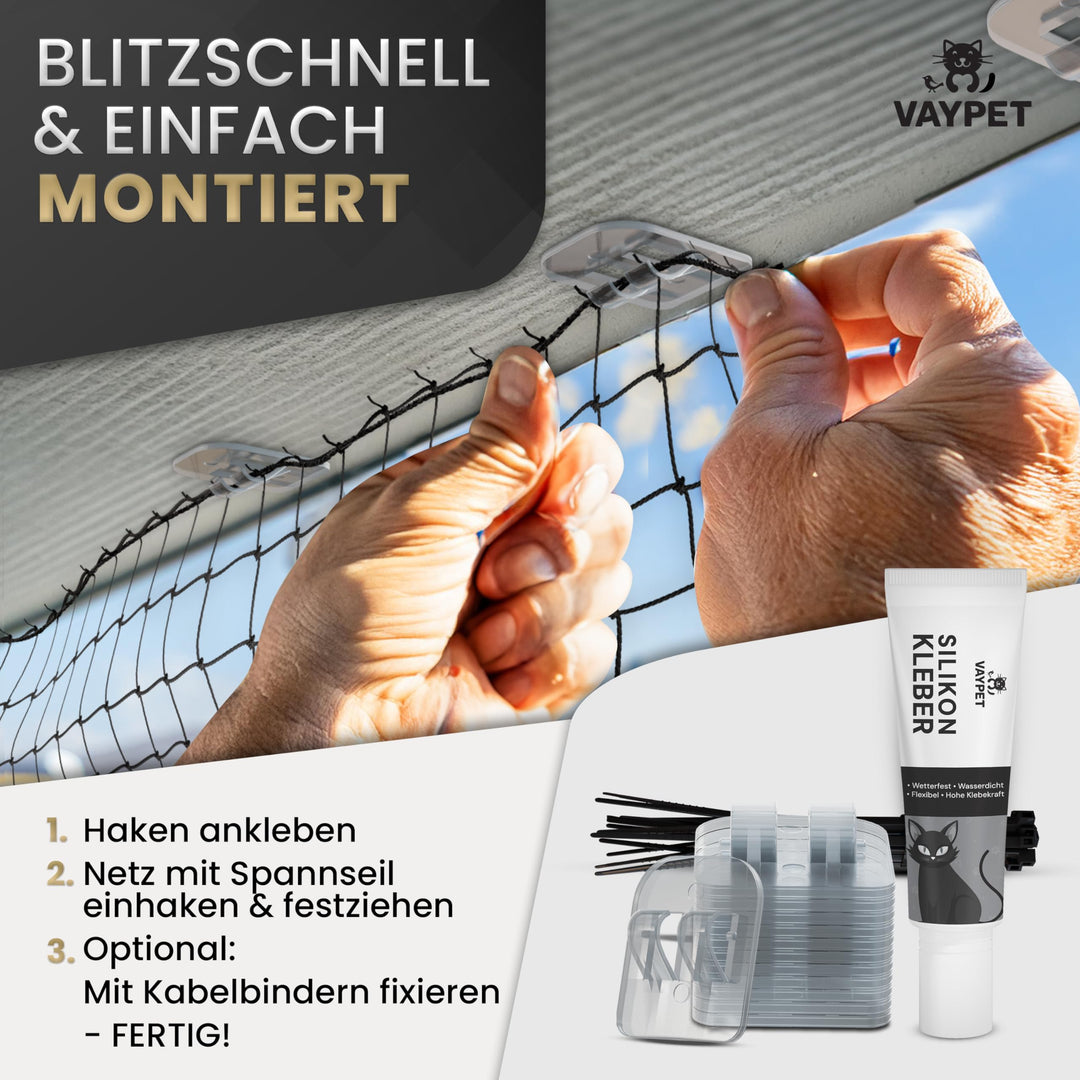 Katzennetz Balkon ohne Bohren 6x3m drahtverstärkt schwarz - Bild 4