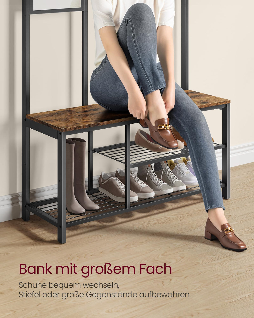 Garderobenständer 4-in-1 mit Spiegel, Schuhbank und Haken, 185 cm - Bild 5