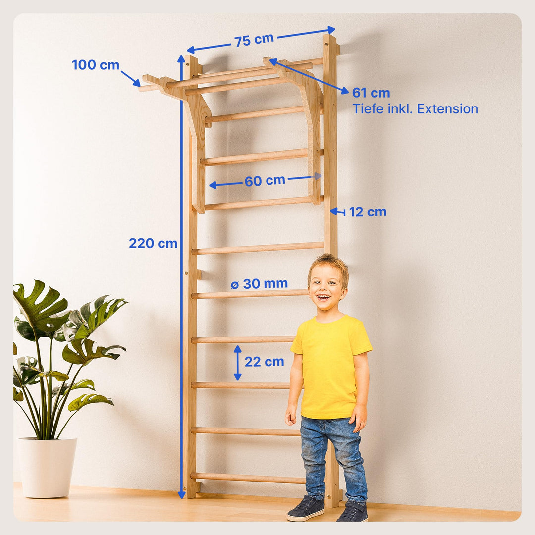 Sprossenwand Holz mit Klimmzugstange &amp; Dip Extension für Erwachsene und Kinder - Bild 7