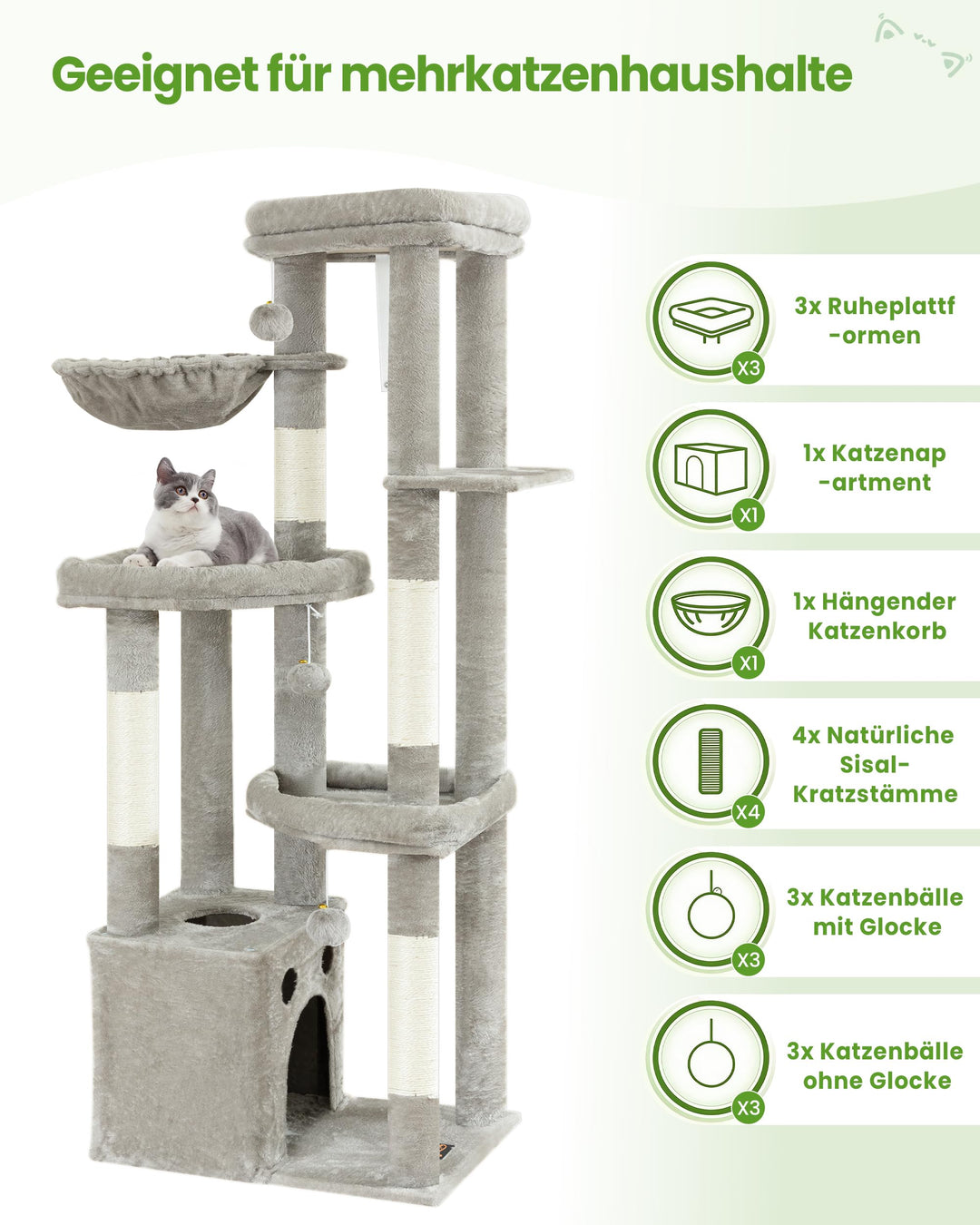 Kratzbaum XXL 170 cm mit 3 Ebenen für grosse Katzen