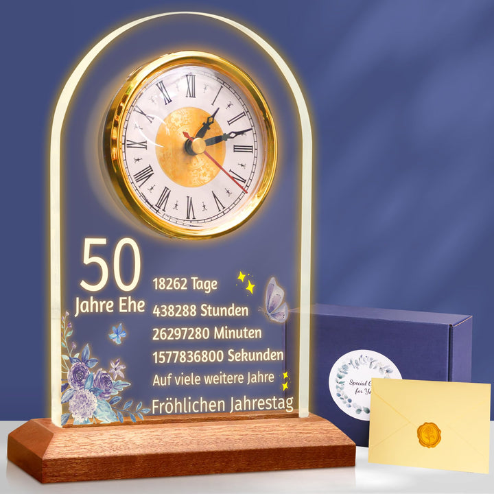 Tischuhr Goldene Hochzeit Acryl mit Holzsockel 50. Jahrestag