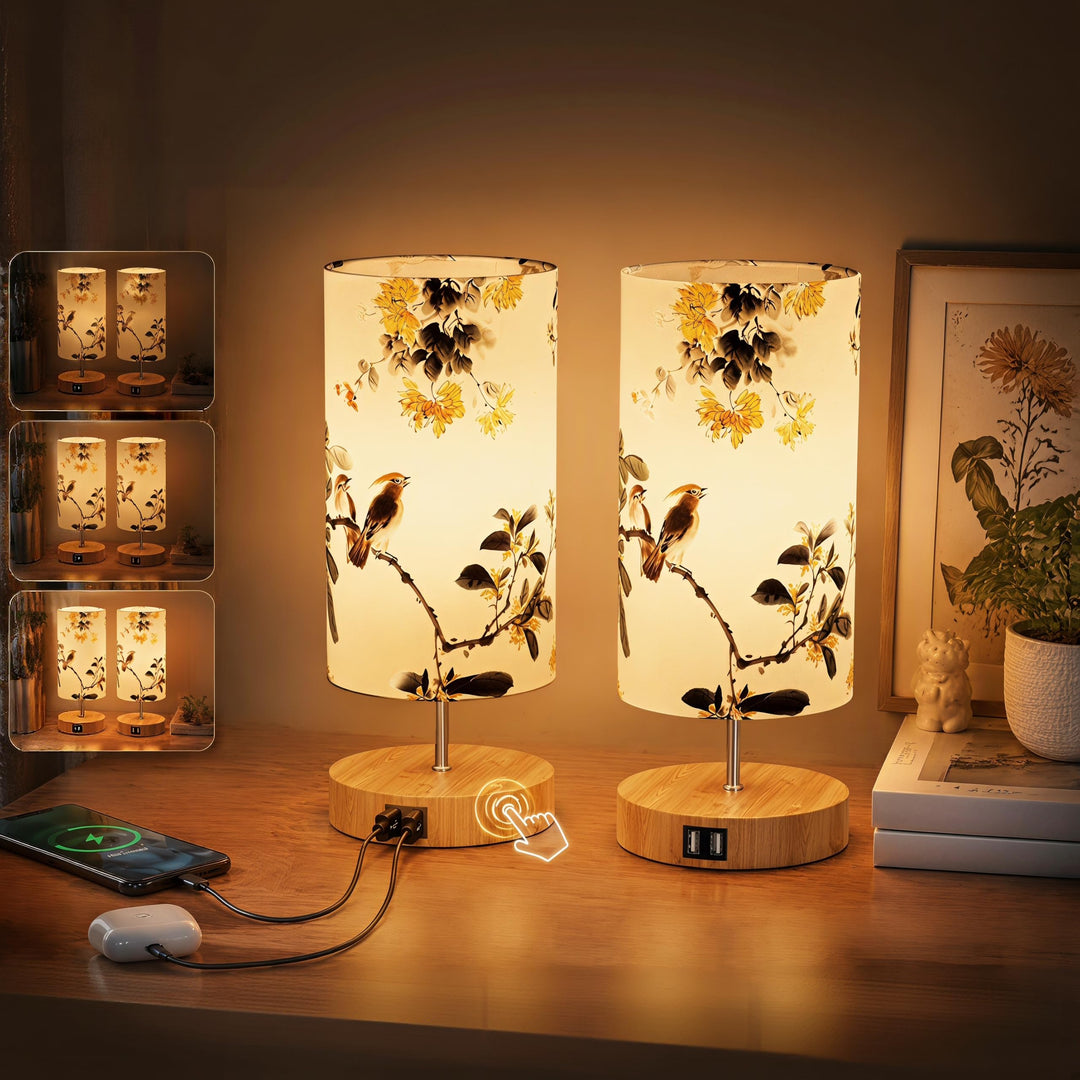 Nachttischlampe 2er Set Stoff Vogelmotiv Touch-Dimmer USB