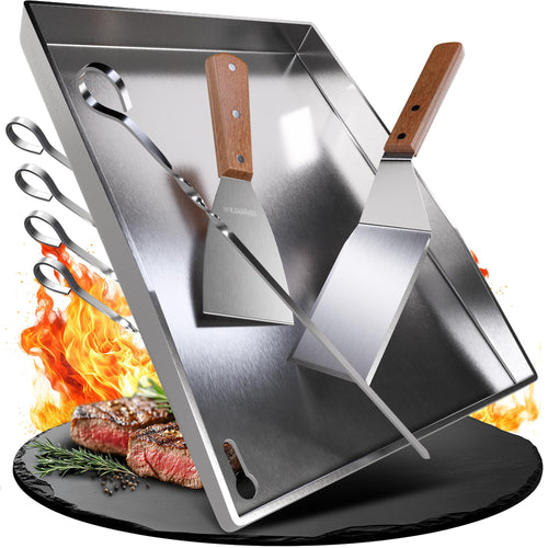 Grillplatte Plancha Edelstahl 35x25 cm mit Spachteln und Spiessen