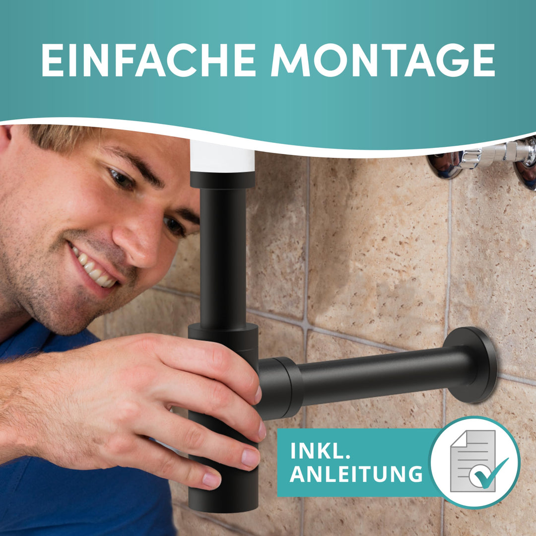Design Siphon Waschbecken Schwarz Edelstahl mit Reinigungsöffnung 1¼" - Bild 4