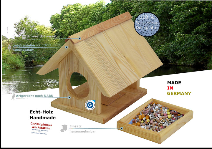 Vogelhaus Kiefernholz mit Futterschublade NABU-konform wetterfest - Bild 2