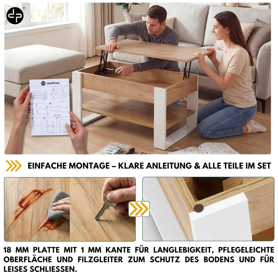 Couchtisch höhenverstellbar mit Stauraum 92x51 cm Weiss-Eiche - Bild 8