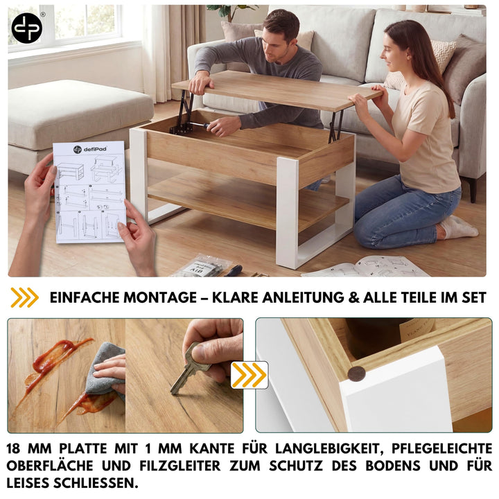 Couchtisch höhenverstellbar mit Stauraum 92x51 cm Weiss-Eiche - Bild 8
