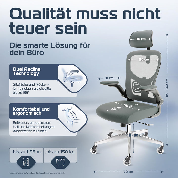 Bürostuhl Ergonomisch Netz-Mesh Lendenstütze 3D-Armlehnen 150 kg - Bild 2