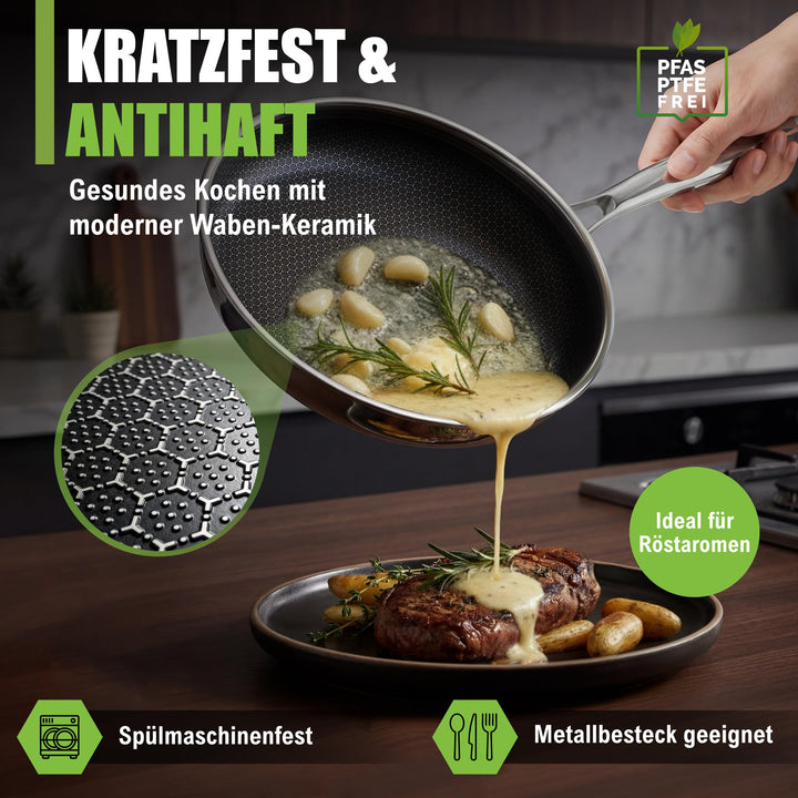 Bratpfanne 28cm Keramik-Edelstahl Wabe 5-Schicht PFAS-frei Induktion - Bild 4