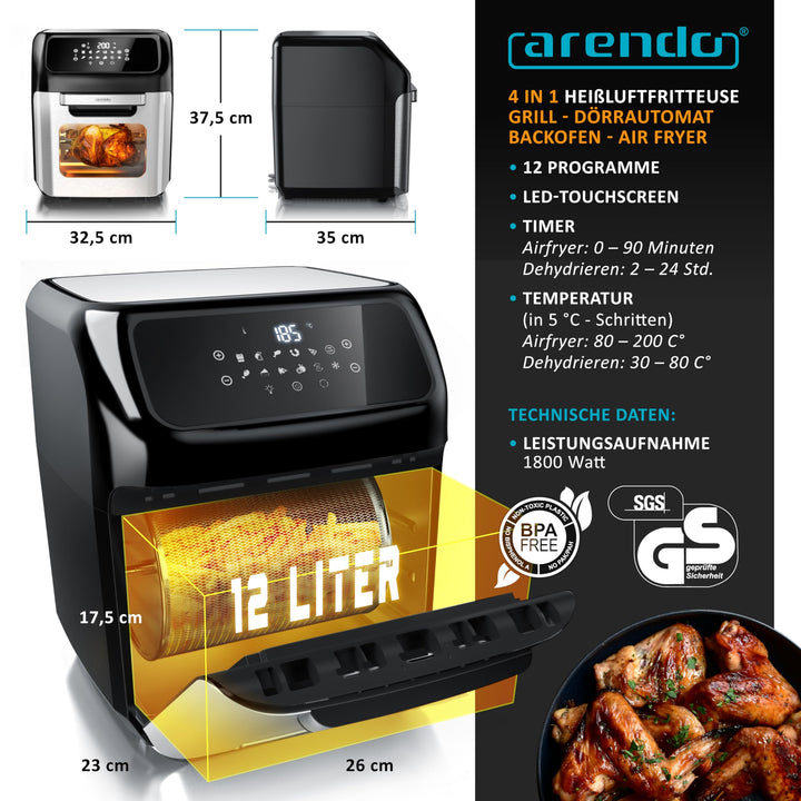 Heissluftfritteuse XXL 12 Liter 8-in-1 mit Touchscreen BPA-frei - Bild 2