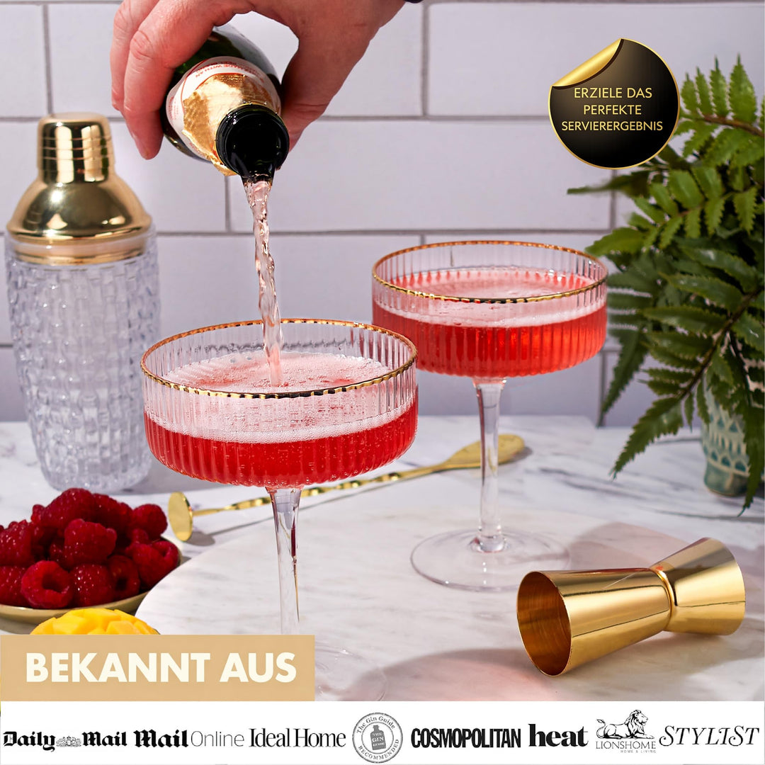 Cocktailgläser Set 4er geripptes Glas 300ml mit Goldrand &amp; Zubehör - Bild 5