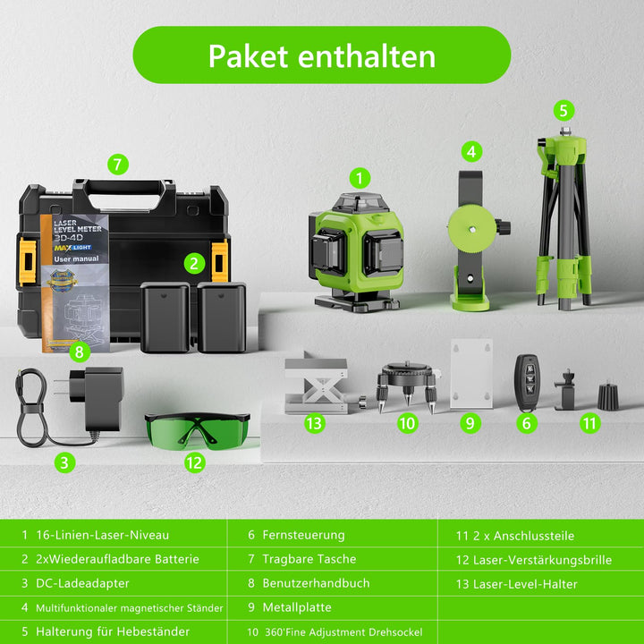 Kreuzlinienlaser Grün 16 Linien 4x360° selbstnivellierend mit Stativ - Bild 9