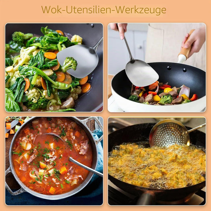Wok-Kochutensilien Set 304 Edelstahl mit Birnenholzgriff 43 cm - Bild 4