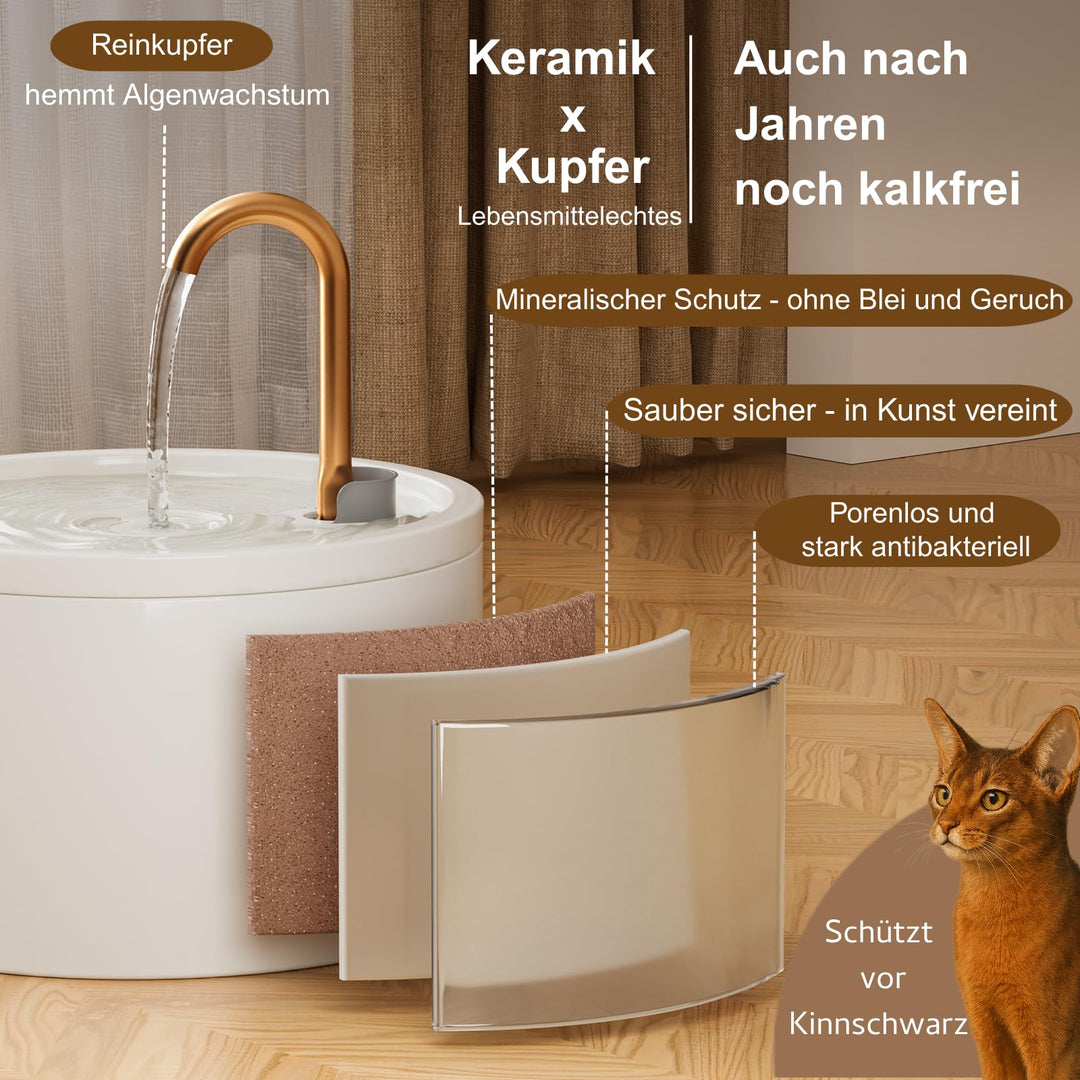 Katzenbrunnen Keramik 2,1 L mit Doppelfilter, leise, Weiss - Bild 2