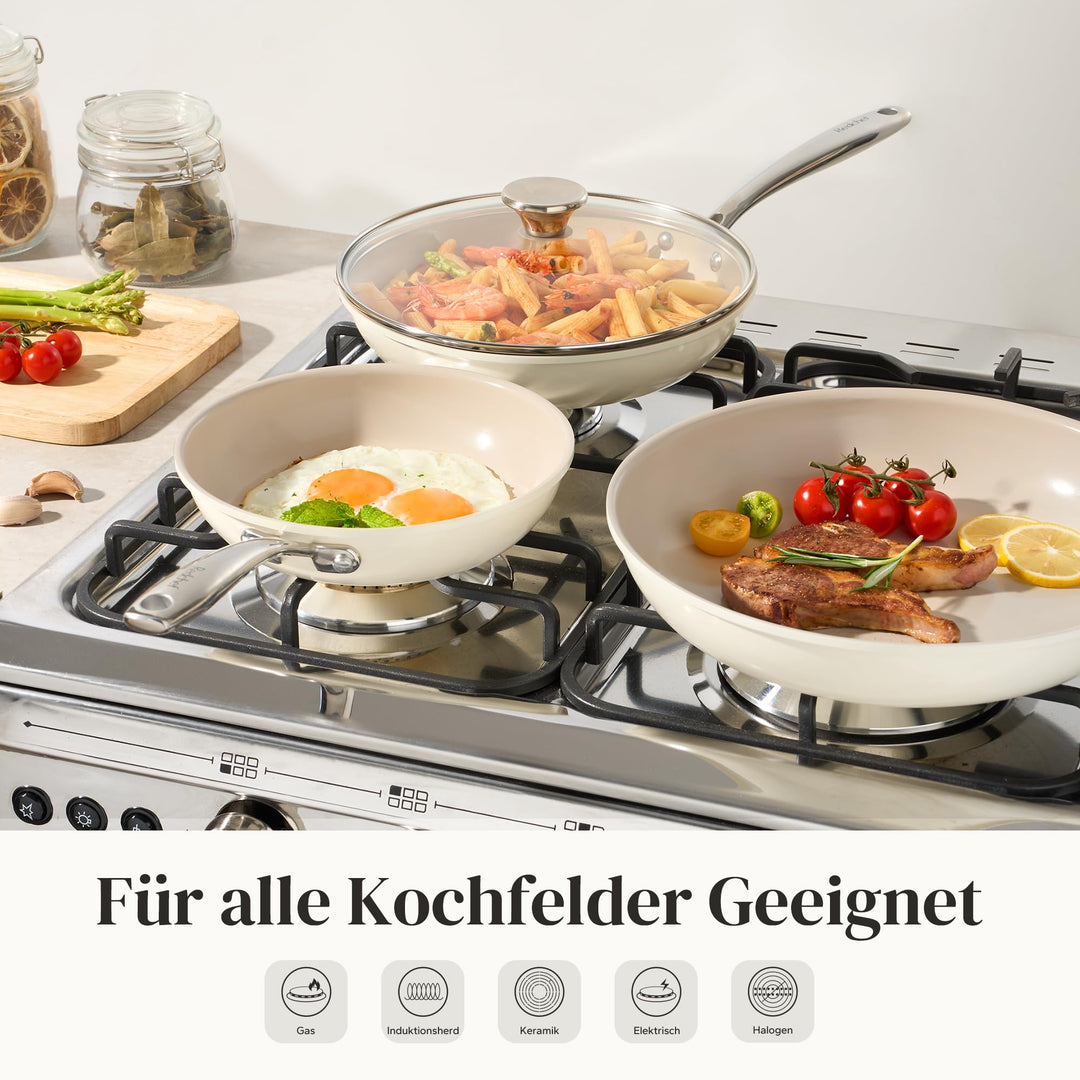 Keramik-Pfannenset 20/24/28 cm Induktion 6-teilig PTFE-frei beige - Bild 5