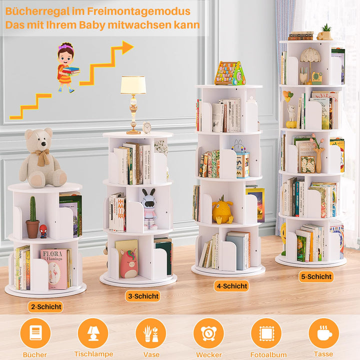 Drehbares Bücherregal 5 Ebenen 360° MDF 24 Fächer Weiss - Bild 6